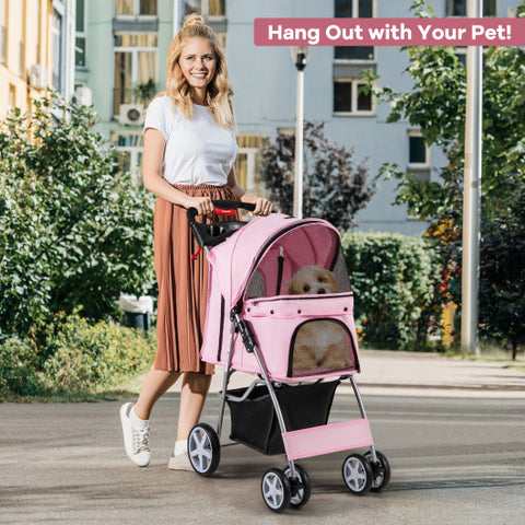 Folding Pet Stroller with Storage Basket and Adjustable Canopy-Pink