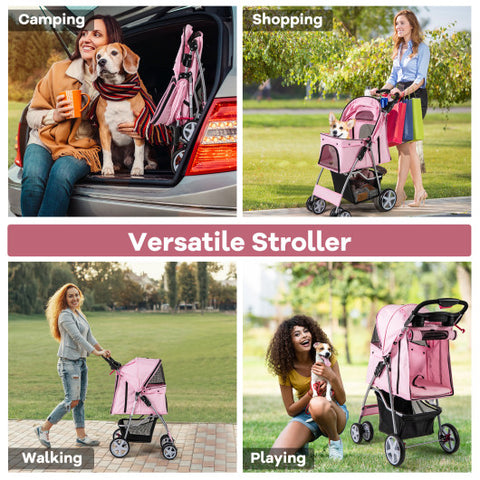 Folding Pet Stroller with Storage Basket and Adjustable Canopy-Pink