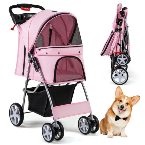 Folding Pet Stroller with Storage Basket and Adjustable Canopy-Pink