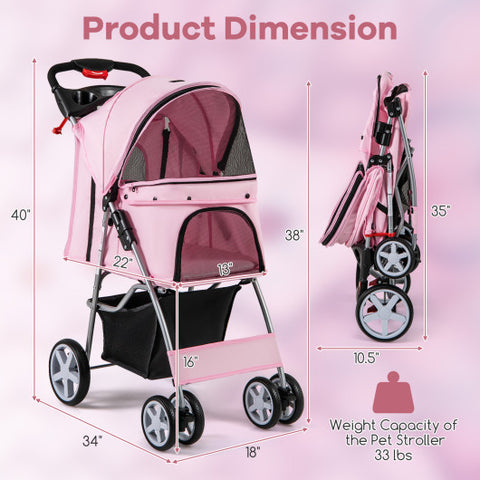 Folding Pet Stroller with Storage Basket and Adjustable Canopy-Pink