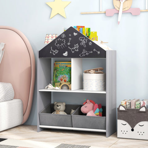 Playhouse Kids Bookshelf with Chalkboard and Whiteboard for 3-6 Years-Gray