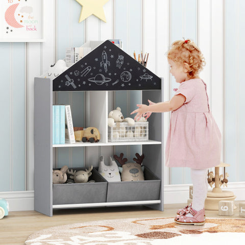 Playhouse Kids Bookshelf with Chalkboard and Whiteboard for 3-6 Years-Gray