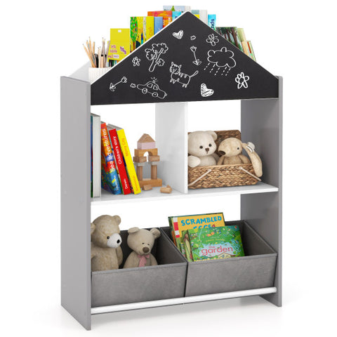 Playhouse Kids Bookshelf with Chalkboard and Whiteboard for 3-6 Years-Gray