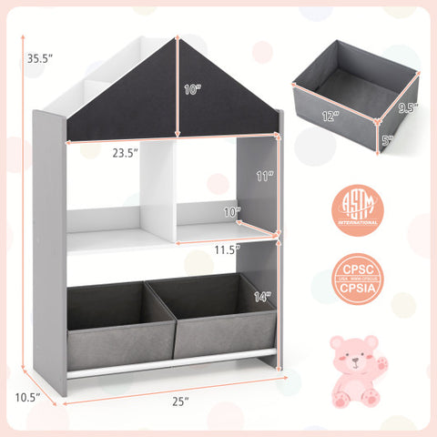 Playhouse Kids Bookshelf with Chalkboard and Whiteboard for 3-6 Years-Gray