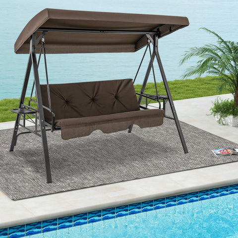 Convertible 3-Seat Patio Porch Swing Chair to Flat Bed with Adjustable Canopy-Brown