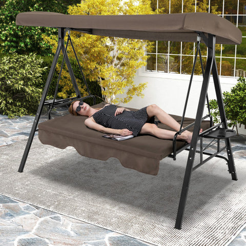 Convertible 3-Seat Patio Porch Swing Chair to Flat Bed with Adjustable Canopy-Brown