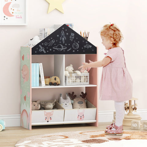 Playhouse Kids Bookshelf with Chalkboard and Whiteboard for 3-6 Years-Pink