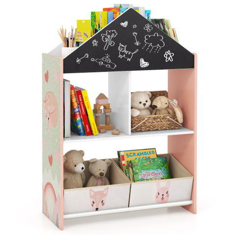 Playhouse Kids Bookshelf with Chalkboard and Whiteboard for 3-6 Years-Pink