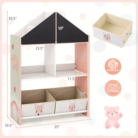 Playhouse Kids Bookshelf with Chalkboard and Whiteboard for 3-6 Years-Pink