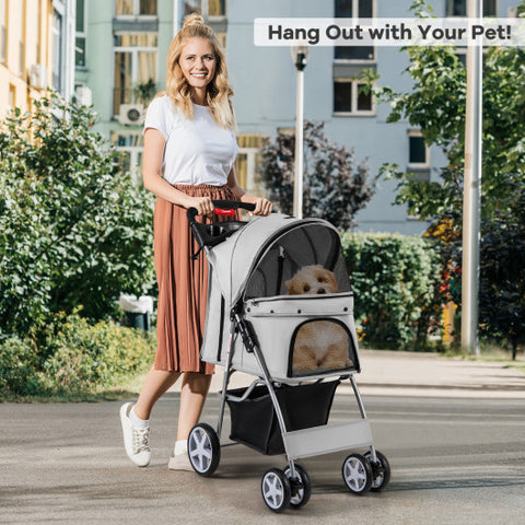 Folding Pet Stroller with Storage Basket and Adjustable Canopy-Gray