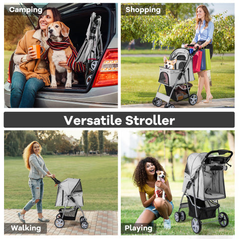 Folding Pet Stroller with Storage Basket and Adjustable Canopy-Gray