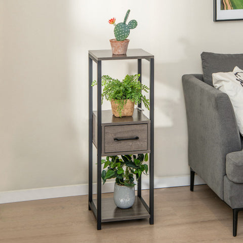 3 Tier Tall Metal Plant Stand with Drawer for Balcony Office-Gray