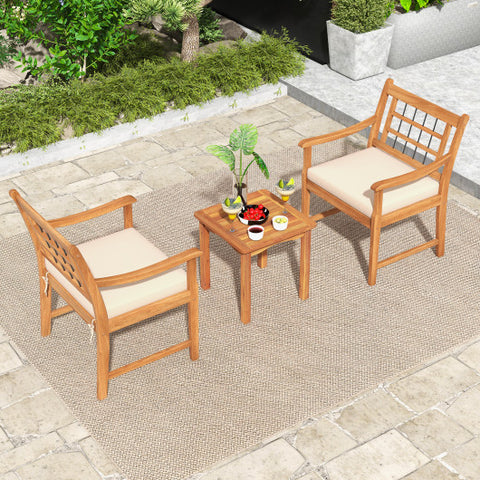 3 Piece Wood Patio Furniture Set with Seat Cushions and Acacia Wood Frame-White