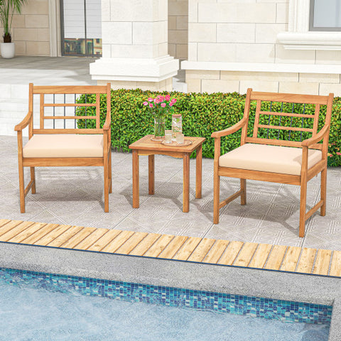 3 Piece Wood Patio Furniture Set with Seat Cushions and Acacia Wood Frame-White