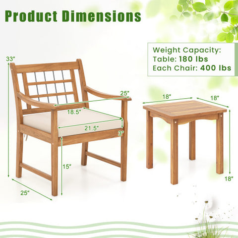 3 Piece Wood Patio Furniture Set with Seat Cushions and Acacia Wood Frame-White