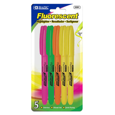 Pen Style Fluorescent Highlighters with Pocket Clip, 5 Per Pack, 12 Packs