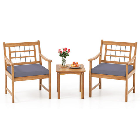 3 Piece Wood Patio Furniture Set with Seat Cushions and Acacia Wood Frame-Gray