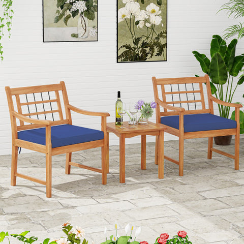 3 Piece Wood Patio Furniture Set with Seat Cushions and Acacia Wood Frame-Navy