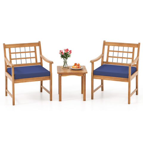 3 Piece Wood Patio Furniture Set with Seat Cushions and Acacia Wood Frame-Navy