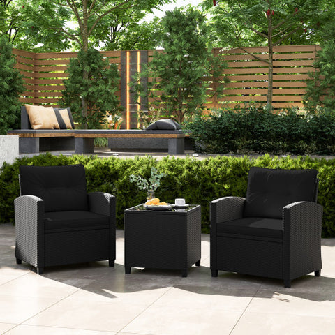 3 Pieces Patio Furniture Set with Tempered Glass Coffee Table-Black