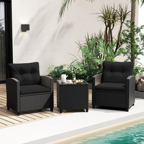 3 Pieces Patio Furniture Set with Tempered Glass Coffee Table-Black