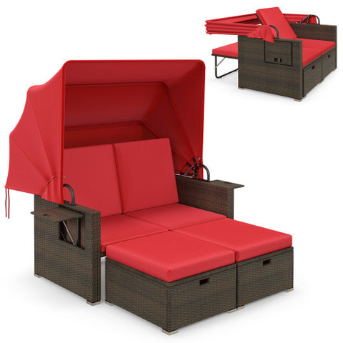 Outdoor Patio Rattan Daybed with Retractable Canopy and Adjustable Backrests-Red