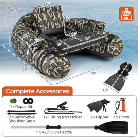 Inflatable Float Tube with Fish Ruler Rod Holder and Storage Pockets-Camouflage