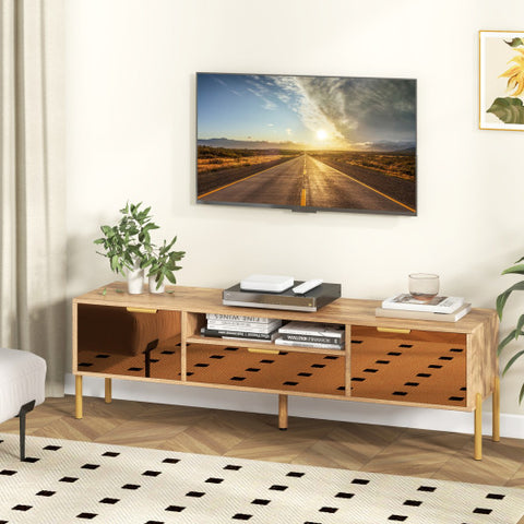 Mirrored TV Stand for TV up to 65 Inch with Spacious Tabletop and 2 Storage Cabinets-Natural