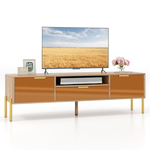 Mirrored TV Stand for TV up to 65 Inch with Spacious Tabletop and 2 Storage Cabinets-Natural