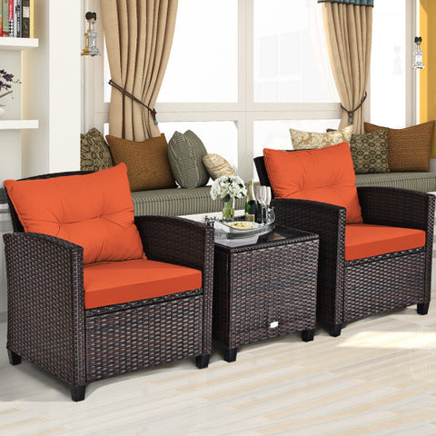 3 Pieces Rattan Patio Furniture Set with Washable Cushion-Orange