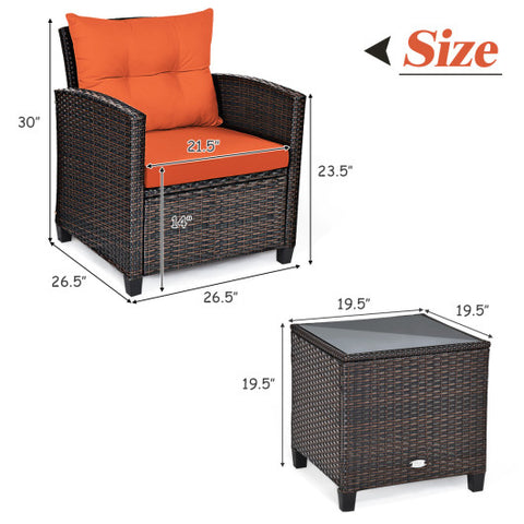 3 Pieces Rattan Patio Furniture Set with Washable Cushion-Orange