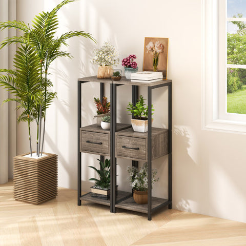 2 Pack 3 Tier Tall Metal Plant Stand with Drawer and Display Shelf-Gray