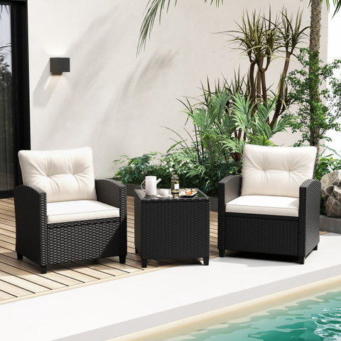 3 Pieces Patio Furniture Set with Tempered Glass Coffee Table-White