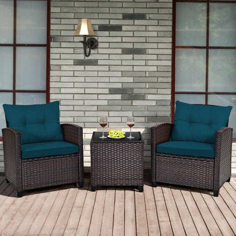 3 Pieces Rattan Patio Furniture Set with Washable Cushion-Peacock Blue