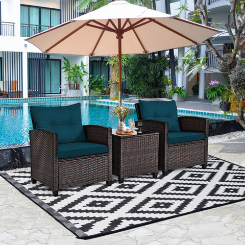 3 Pieces Rattan Patio Furniture Set with Washable Cushion-Peacock Blue