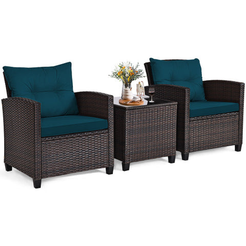 3 Pieces Rattan Patio Furniture Set with Washable Cushion-Peacock Blue