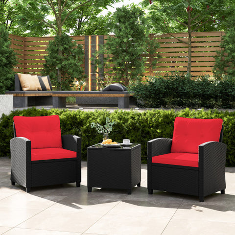 3 Pieces Patio Furniture Set with Tempered Glass Coffee Table-Red