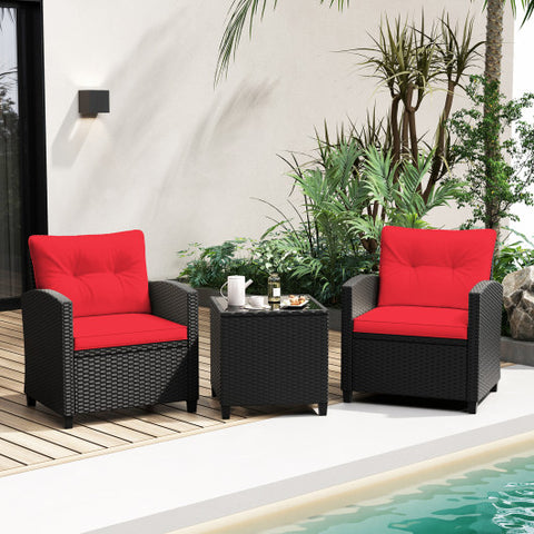 3 Pieces Patio Furniture Set with Tempered Glass Coffee Table-Red