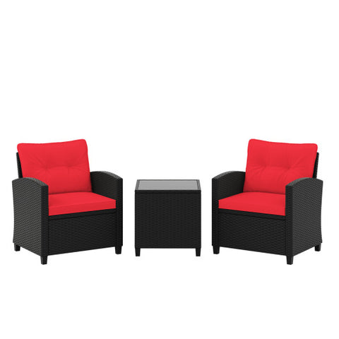 3 Pieces Patio Furniture Set with Tempered Glass Coffee Table-Red