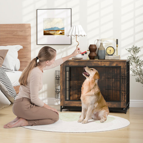 Dog Crate Furniture with Double Lockable Doors and Removable Pull-out Tray-M