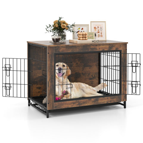 Dog Crate Furniture with Double Lockable Doors and Removable Pull-out Tray-M