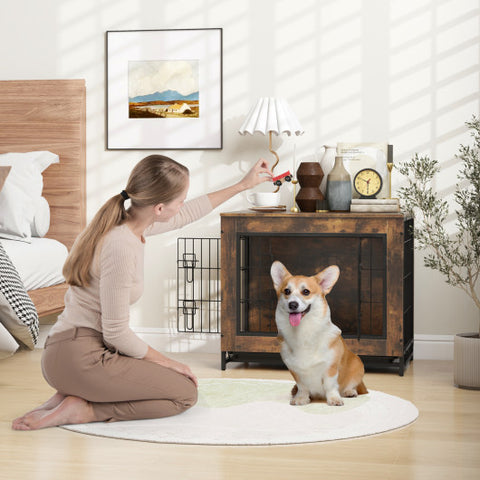 Dog Crate Furniture with Double Lockable Doors and Removable Pull-out Tray-S