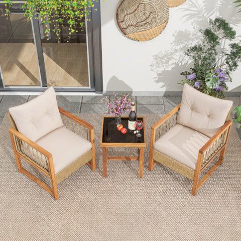 3 Pieces Patio Furniture Set with Acacia Wood Frame Cushions-Brown