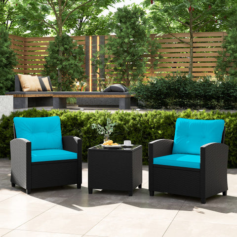 3 Pieces Patio Furniture Set with Tempered Glass Coffee Table-Turquoise