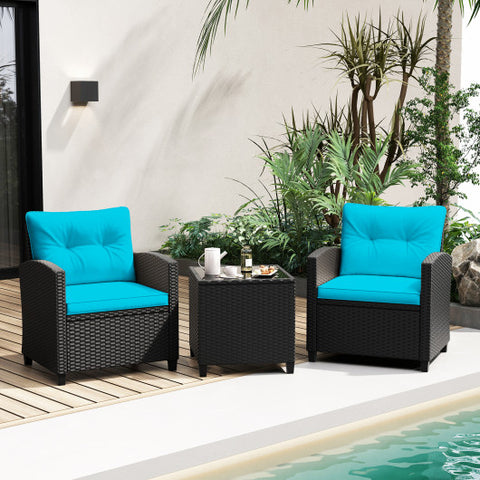 3 Pieces Patio Furniture Set with Tempered Glass Coffee Table-Turquoise