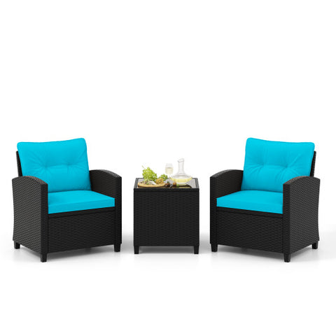 3 Pieces Patio Furniture Set with Tempered Glass Coffee Table-Turquoise