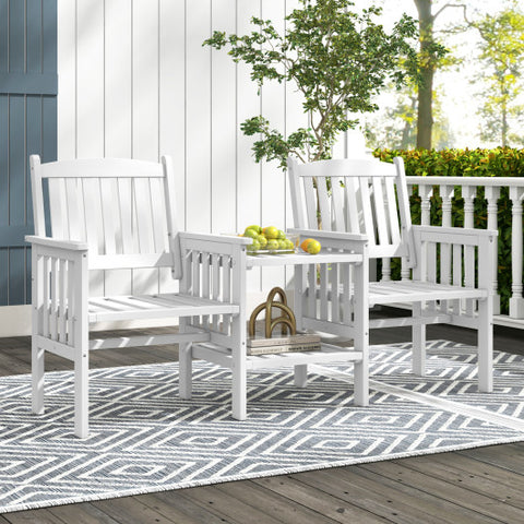 Outdoor Fir Wood Loveseat with 2-Tier Side Table and 1.96" Umbrella Hole-White