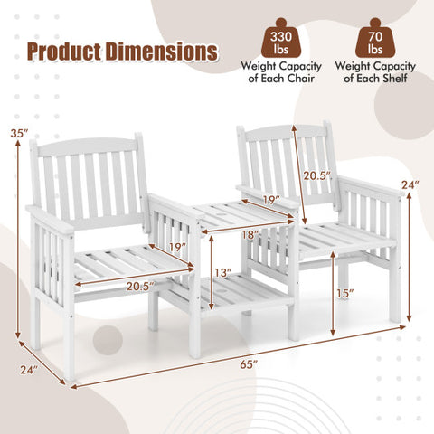 Outdoor Fir Wood Loveseat with 2-Tier Side Table and 1.96" Umbrella Hole-White