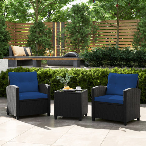 3 Pieces Patio Furniture Set with Tempered Glass Coffee Table-Navy