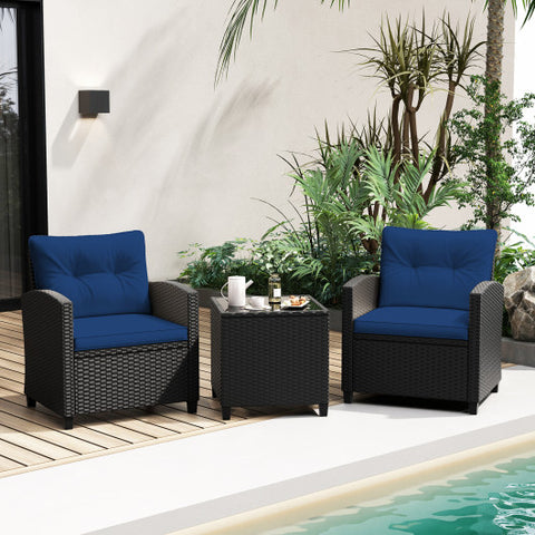 3 Pieces Patio Furniture Set with Tempered Glass Coffee Table-Navy